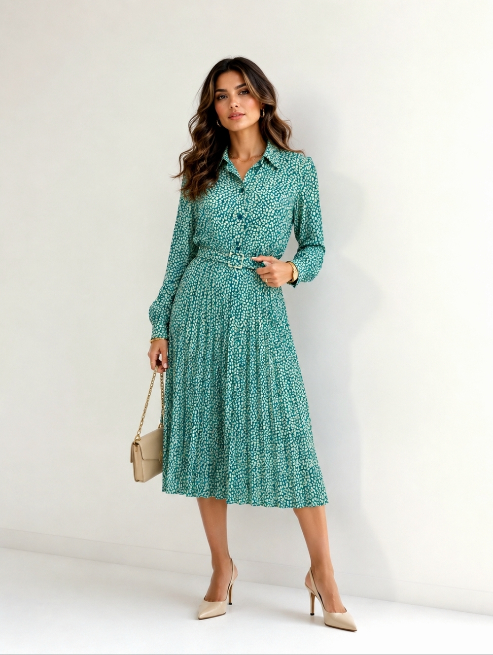 VTG 80s Schrader Petite Sea Green Splatter Print Pleated Shirtwaist Dress - 14